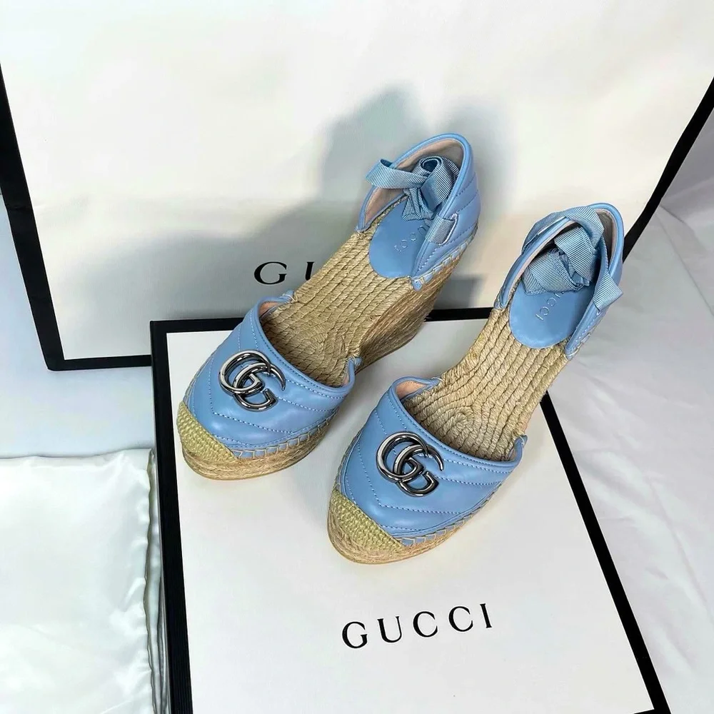 GUCCI LEATHER PLATFORM ESPADRILLE -BLUE - Picture 1 of 5